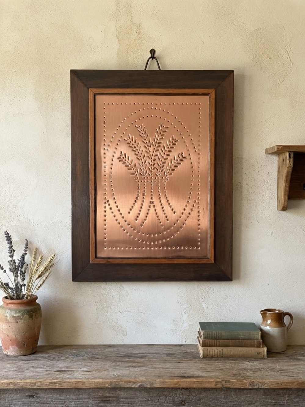 Vintage Punched Copper Wheat Sheaf Wall Art Plaque | Rustic Wood Frame